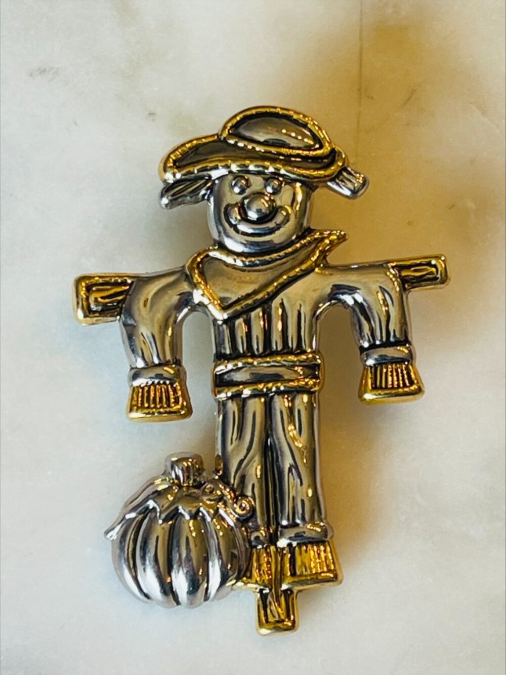 Vintage "Best" Scarecrow Pumpkin Brooch Gold & Silver Tone Fall Harvest Pin
